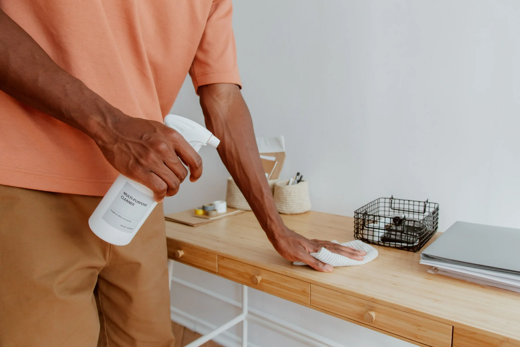 Professional cleaning of an office workspace